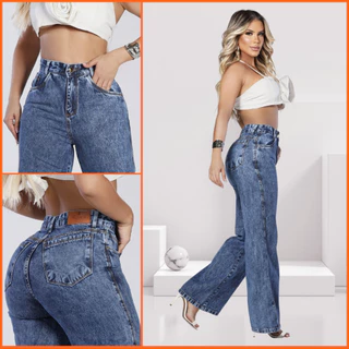 Calça Jeans Feminina Wide Leg Pantalona Cós Alto 100% Algodão Premium Boca Larga Blogueira