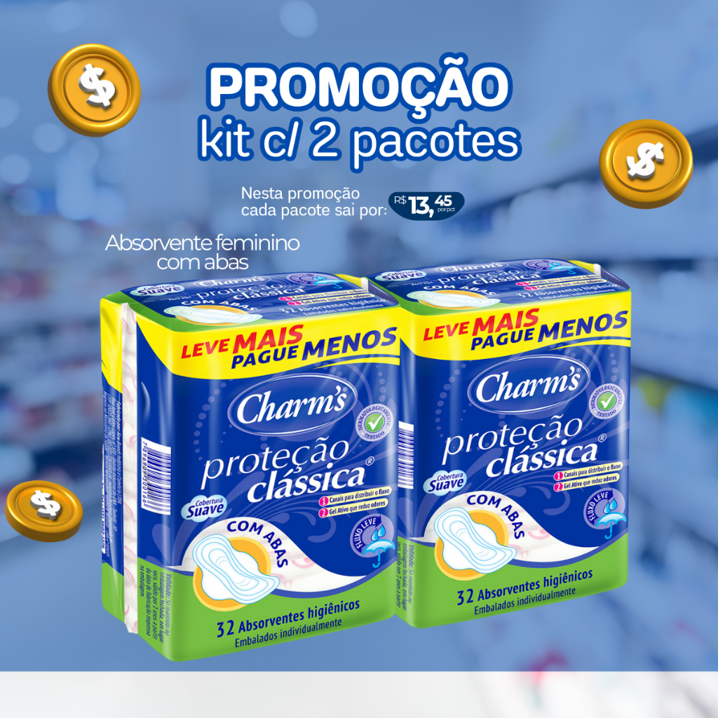 Kit Absorventes Feminino Charms c/ Abas pacote de 32 unidades | Shopee ...