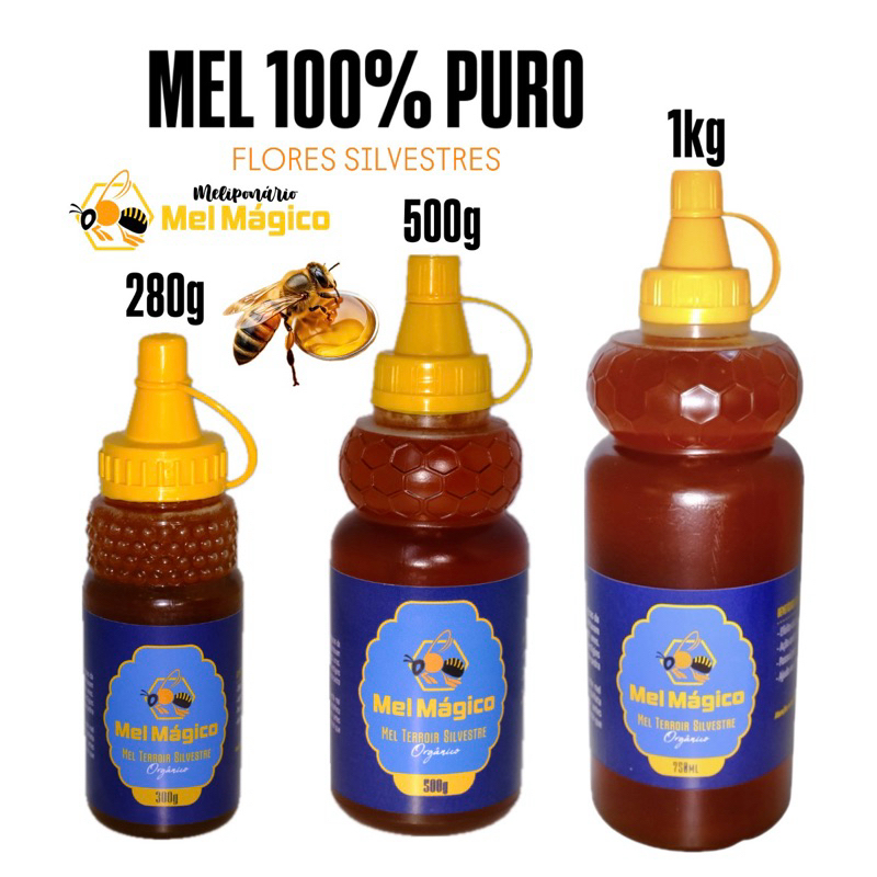 Mel Puro 100% Natural Orgânico Bisnaga 280g, 500g, 1kg - Produzido em MG No Meliponário Mel Mágico