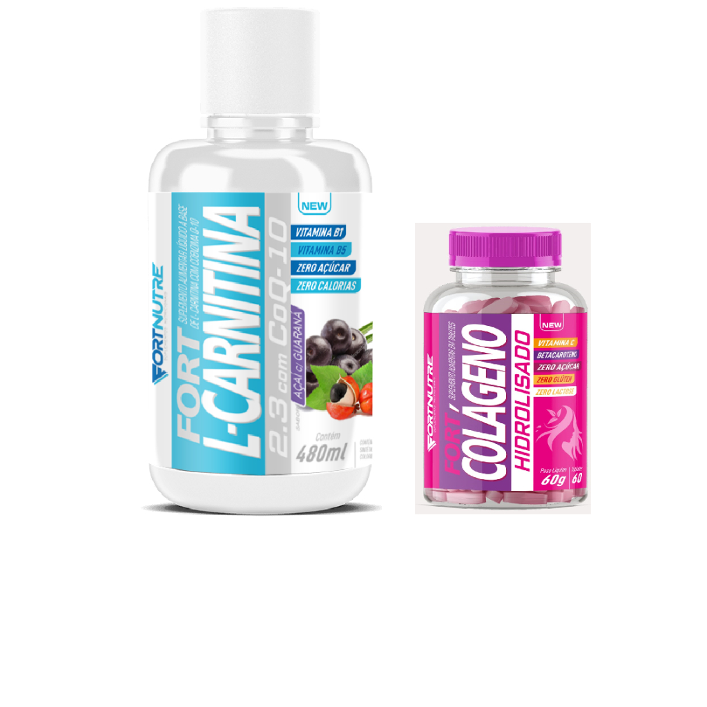 KIT L-CARNITINA LÍQUIDA 480ml com CoQ10 + COLÁGENO HIDROLISADO com 60  COMPRIMIDOS