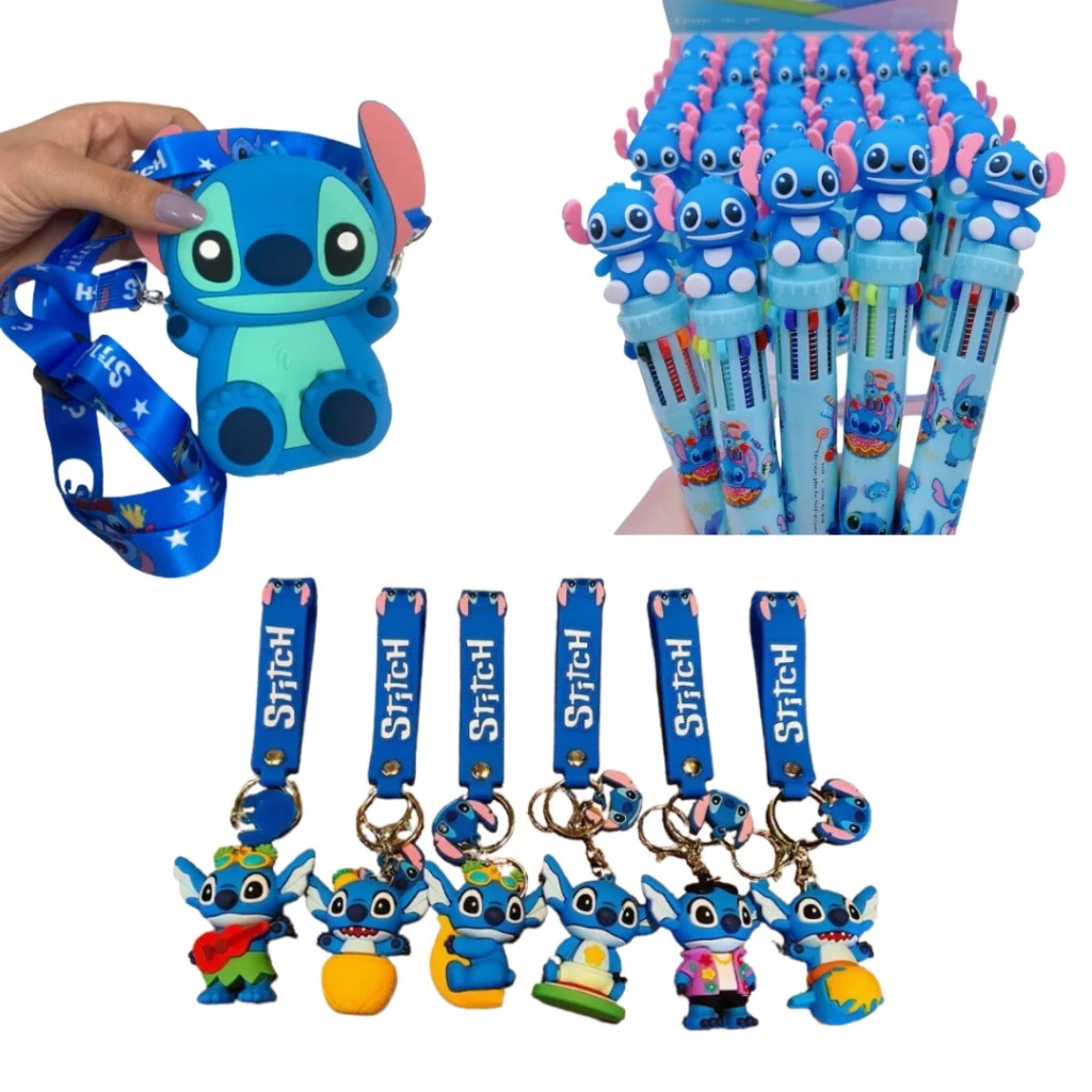 KIT PAPELARIA FOFA KAWAII STITCH (BOLSA SILICONE + CHAVEIRO + CANETA 10 CORES)