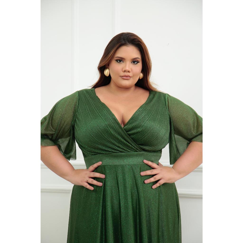 Vestido De Festa Plus Size Verde Oliva Feminino G1, G2 Casamento