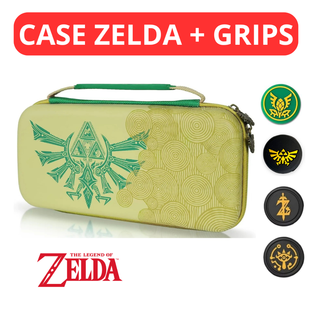 Case Estojo Capa Zelda Nintendo Switch Oled V2 V1 + Grips Analógicos Borrachinhas - Proteção Acessórios Nintendo Switch