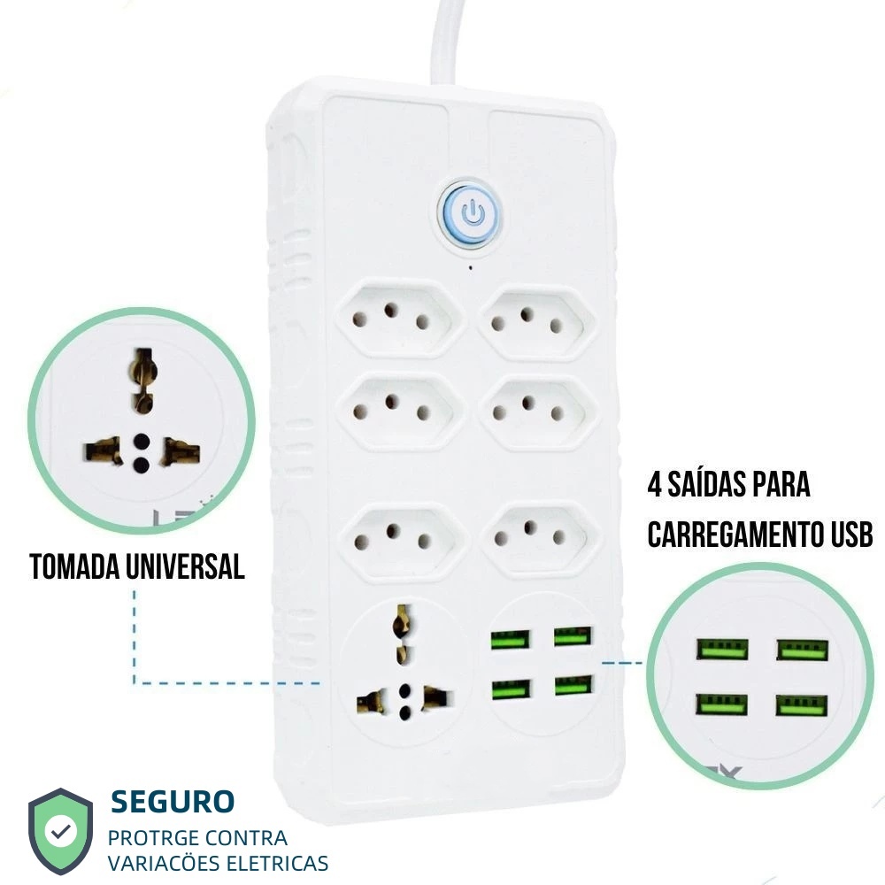 Régua Filtro de Linha com 7 Tomadas Extensão Elétrica 1 Universal 4 USB Bivolt 10A 110v/220v Cabo de 2 Metros