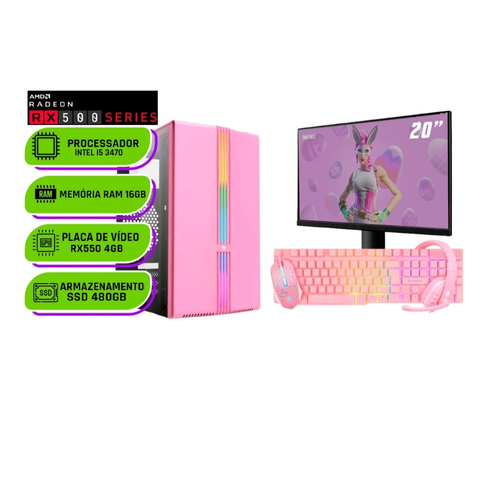 PC CPU Gamer Rosa Pink Feminino Intel i5 Radeon RX 550 4GB Ram 16GB SSD 480GB Monitor 20 Polegadas