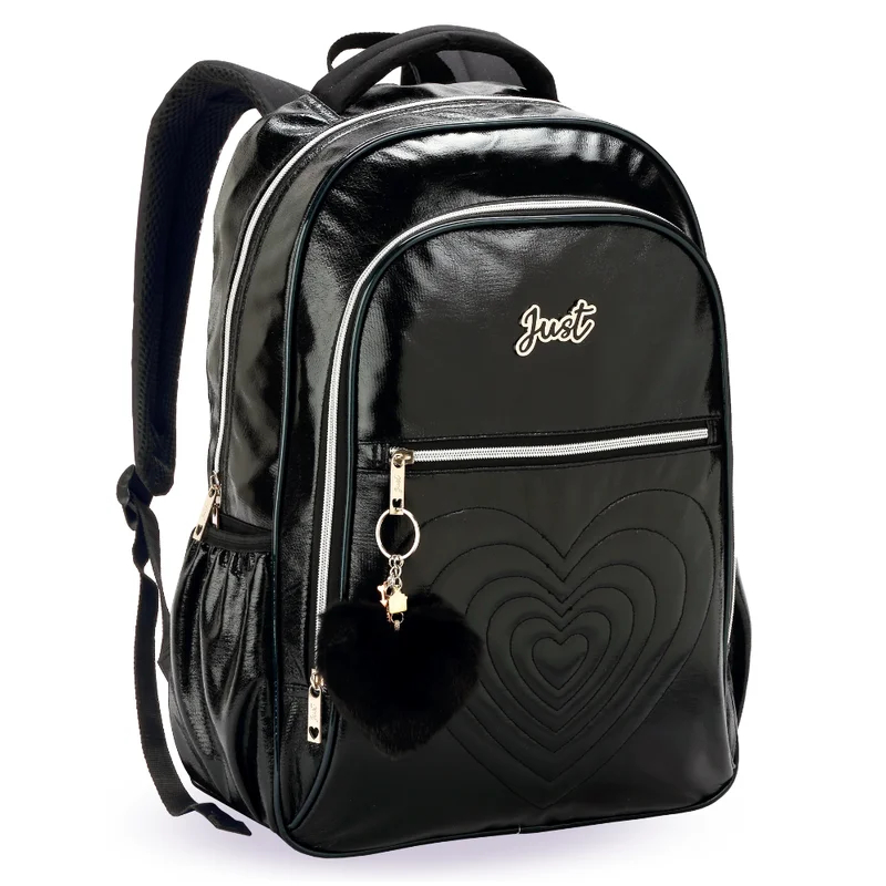 Kit 3pçs Mochila de Costas Love Just Coração com Pompom e Chaveiro