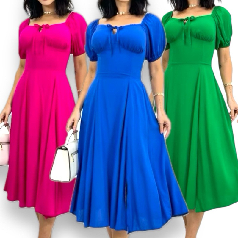 Vestido Midi Feminino Camponesa Verão – Manga Princesa Bufante