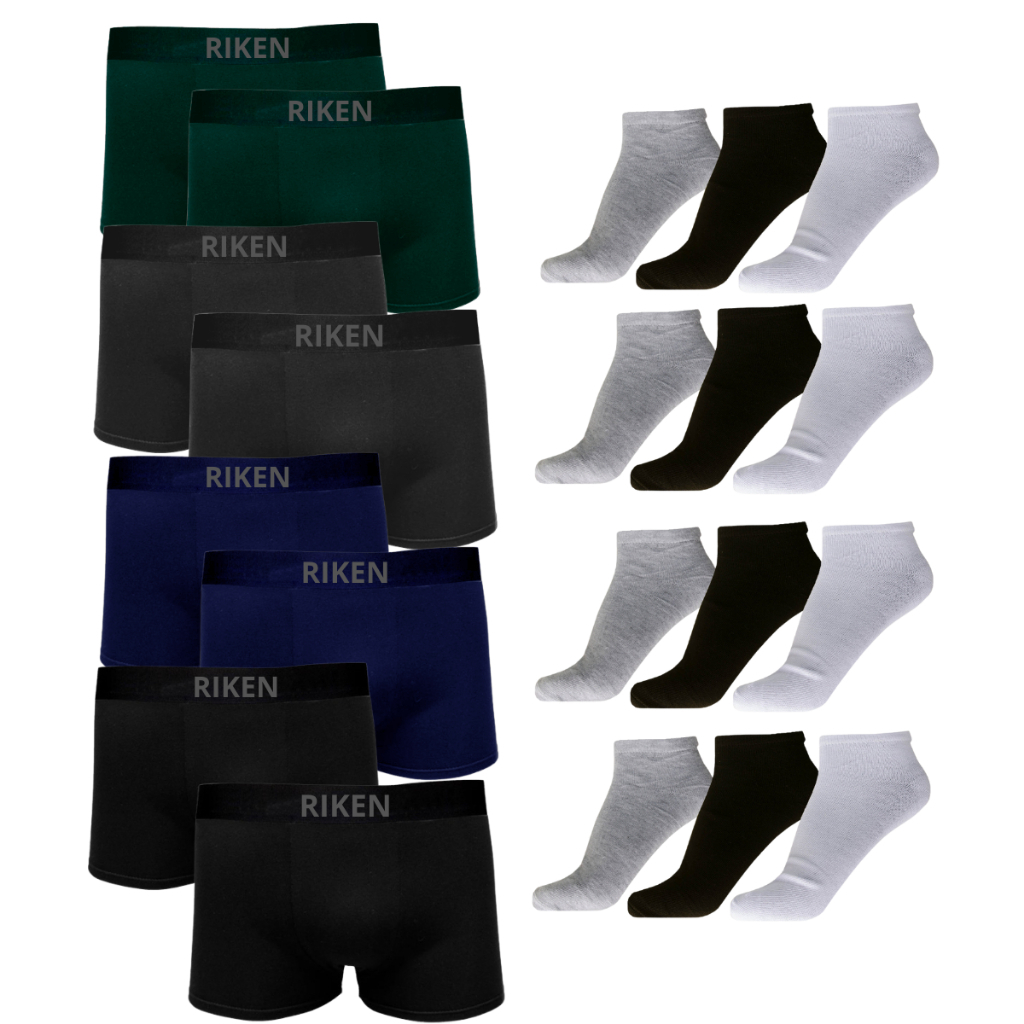 Kit 10 Cuecas Boxer Microfibra Adulto + 12 Pares Meias Algodão