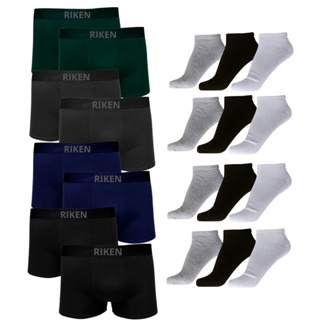 Cuecas Boxer Microfibra Adulto Kit 10 Pçs + 12 Pares Meias Algodão