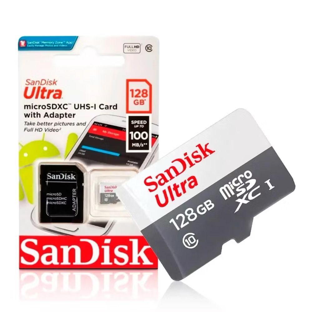 Cartão MicroSD 128GB SanDisk Ultra 100MB/s Classe 10 Celular Câmera Drones