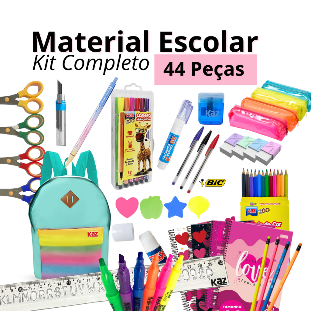 Kit Material Escolar Completo 44 Peças Mochila Cadernos Estojo Canetas Volta às Aulas 2025 Feminino Régua