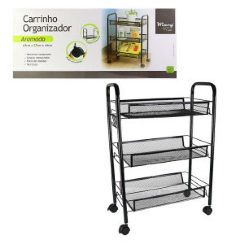 Carrinho Organizador Aramado com Rodinhas Preto para Cozinha