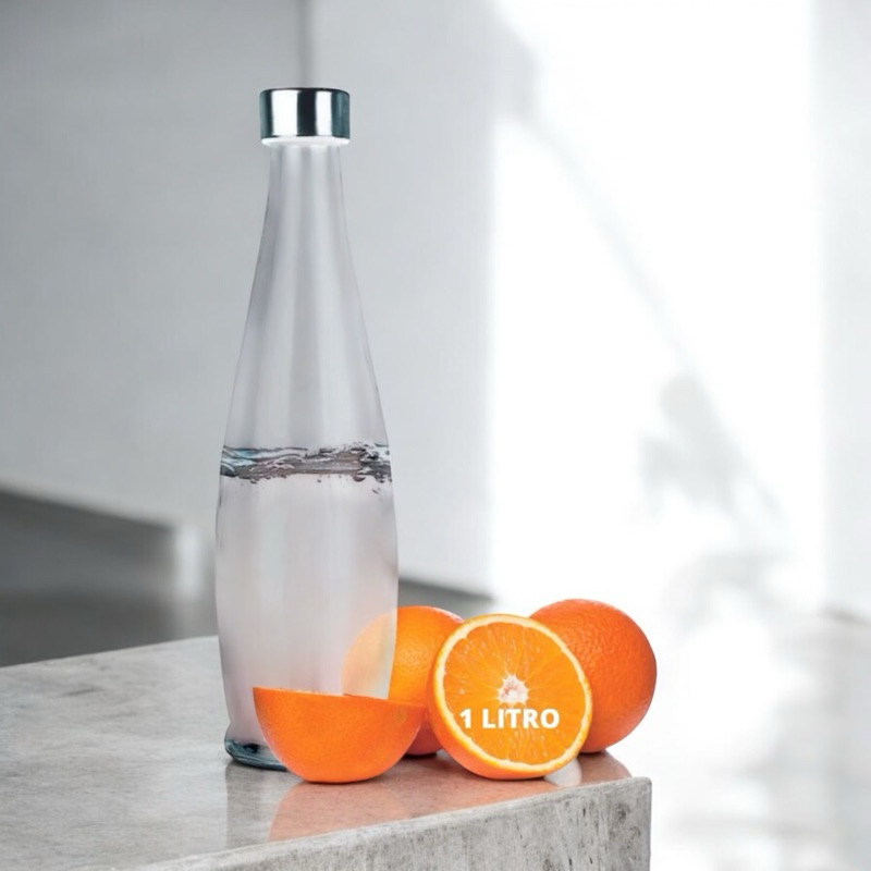 Garrafa Vidro Transparente 1 Litro P/ Geladeira Água Suco C/ Tampa Inox