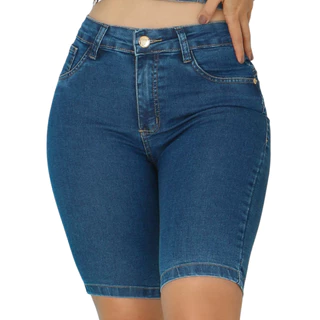 Bermuda jeans feminina ciclista levanta bumbum cintura alta com lycra