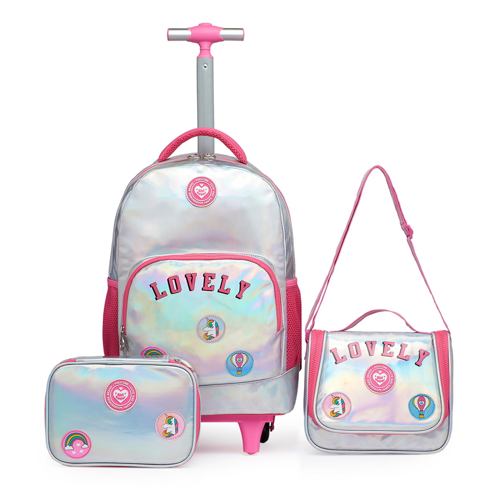 Kit Mochila Rodinhas Polo One Holográfica Feminina Infantil Lancheira Térmica Estojo Organizador Moderna