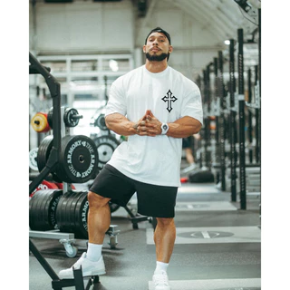 Camiseta C/ Cruz Oversized Roupas Masculinas Camisas Academia Treino Streetwear Larga Algodão Penteado
