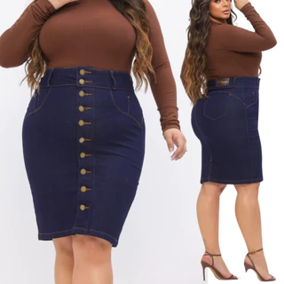 Saia Evangélicas Plus Size Jeans de Botoes Moda Maior Feminina Lycra Lindo Modelo Secretária longa