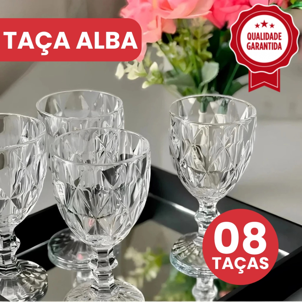 Kit 8 Tacas Alba Vidro 320ml Diamante Transparente Vinho Espumante Copo Coqueteis Suco Restaurante