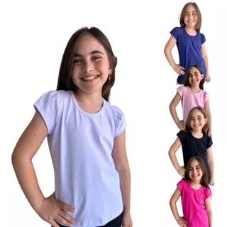 Kit 5 Blusa de Menina de Cotton Básica Manga curta e Franzida Infantil 1/2/3/4/6/8/10