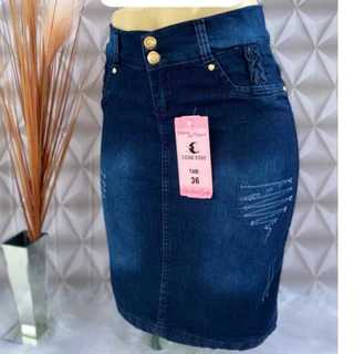 Saia JEANS secretária midi escura risco zig zag