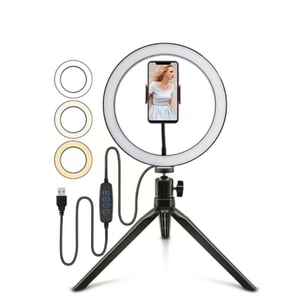 Anel Ring Light 8 Pol + Tripé De Mesa + Suporte Cel Video
