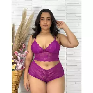 Conjunto Espera Marido Plus Size Sexy Rendado Lingerie Sensual Confortável Calcinha Calesson
