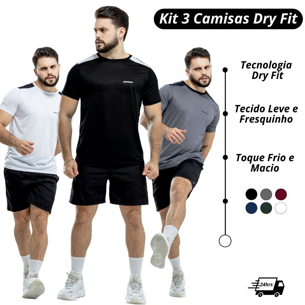 Kit 3 Camisas Dry Fit Masculino Academia Tecido Leve Musculação e Treino