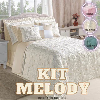 Kit Colcha Cobre Leito Bordado Casal King e Queen  Melody  180 Fios