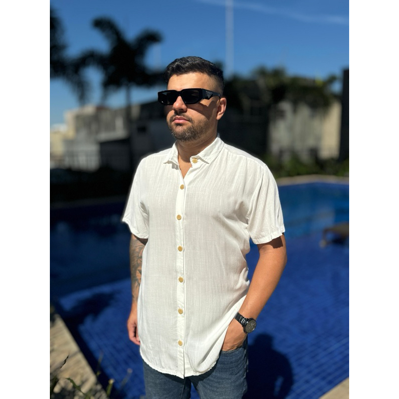 Camisa de Viscolinho Manga curta Social Verão Fresca Gola Italiana Elegante Natal AnoNovo