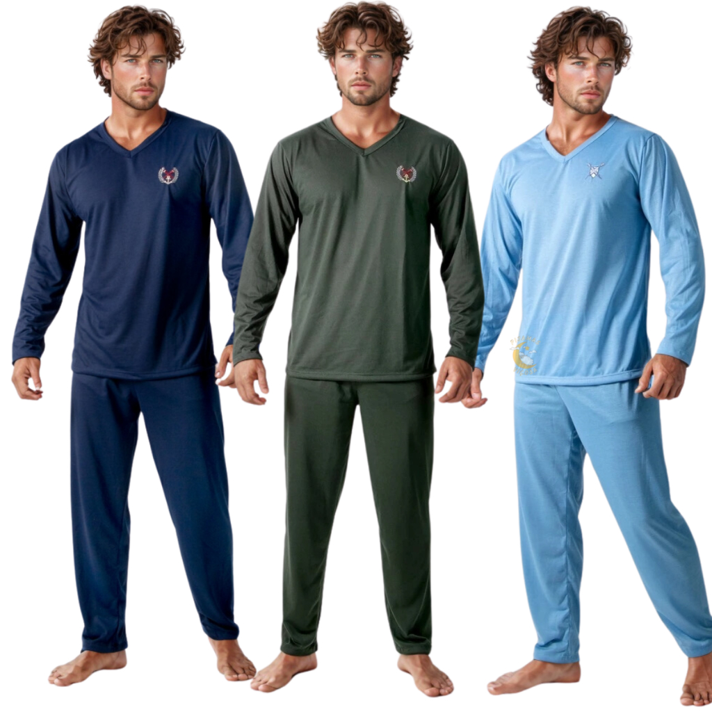 Kit 3 Pijamas Masculino Manga Longa Inverno Fechado e Calça Conjunto de ...
