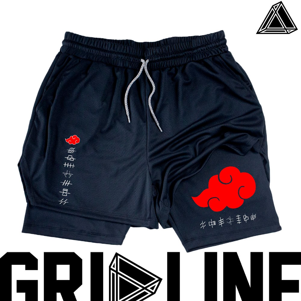 Short Compressão 2 em 1 Dry-Fit Gym Academia Treino Anime Akatsuki Nuvens Aldeias Renegadas