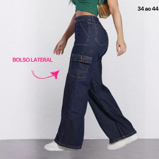 Calça Jeans Cargo Bolsos Feminina Pantalona Wide Blogueira 100%