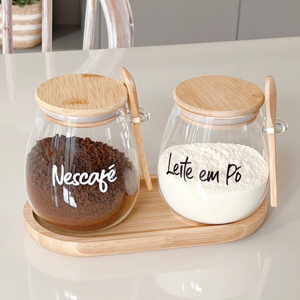 Kit 02 Pote De Vidro Oval 500ml 750ml 950ml Tampa Bambu Hermético Com Colher MIMI
