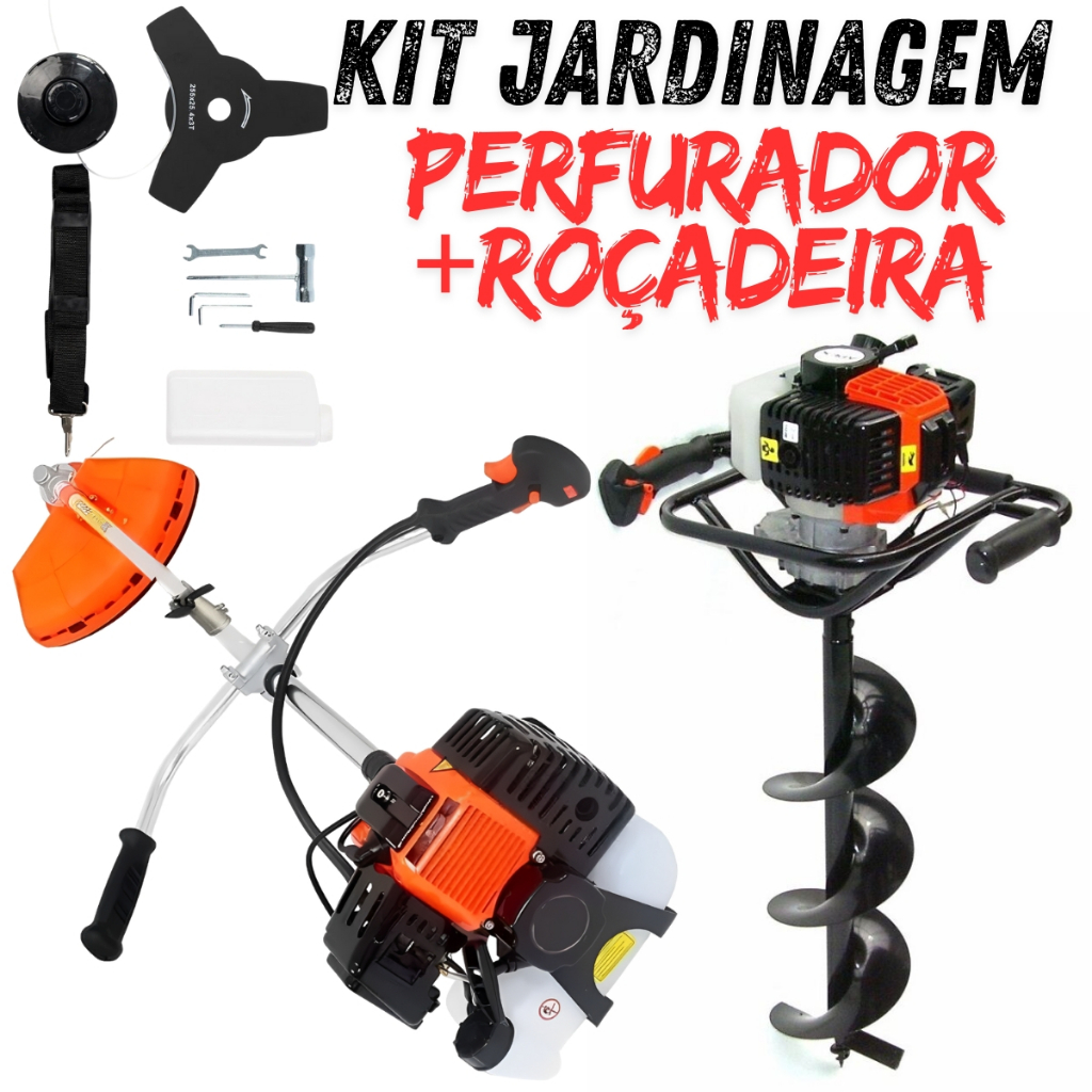 KIT JARDINAGEM ROÇADEIRA APARADOR DE GRAMA A GASOLINA NAKASAKI COM PERFURADOR DE SOLO VULCAN COM BROCA 80X20