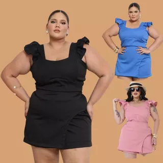 Conjunto Plus Size Feminino em Alfaiataria para Gordinhas Blusa com ShortSaia Sem Manga com Babado Veste do 44 ao 50