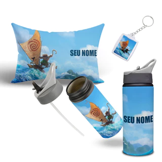 Kit Com Seu Nome Moana, Garrafa com Canudo Almofada e Chaveiro Personalizados