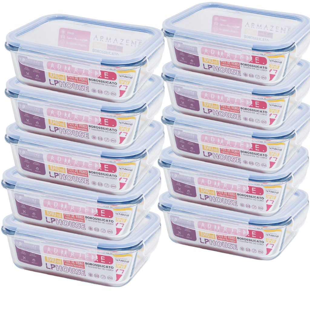Jogo 10 Pote de Vidro Hermético Marmita Tampa 4 Travas 640ml