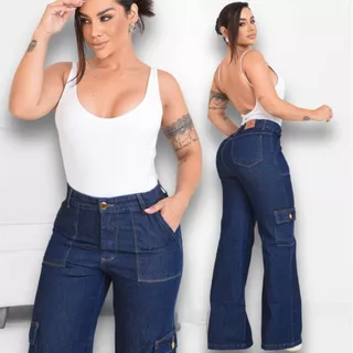Calça Cargo Jeans Wide Leg Pantalona Bolso Lateral Cintura Alta Elegante