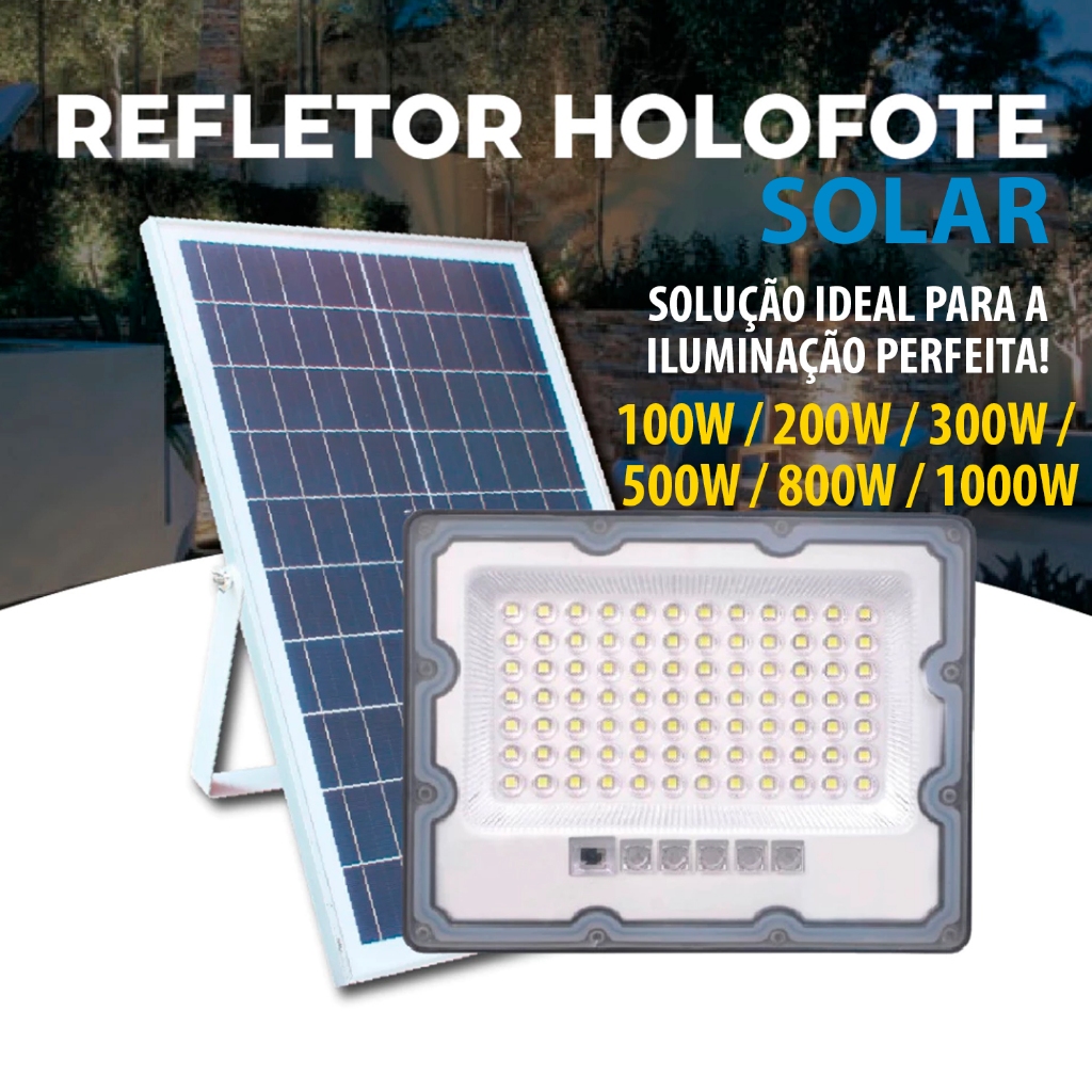 Refletor LED Solar 100W 200W 300W 500W 800W 1000W + Placa Solar Automático Recarregável