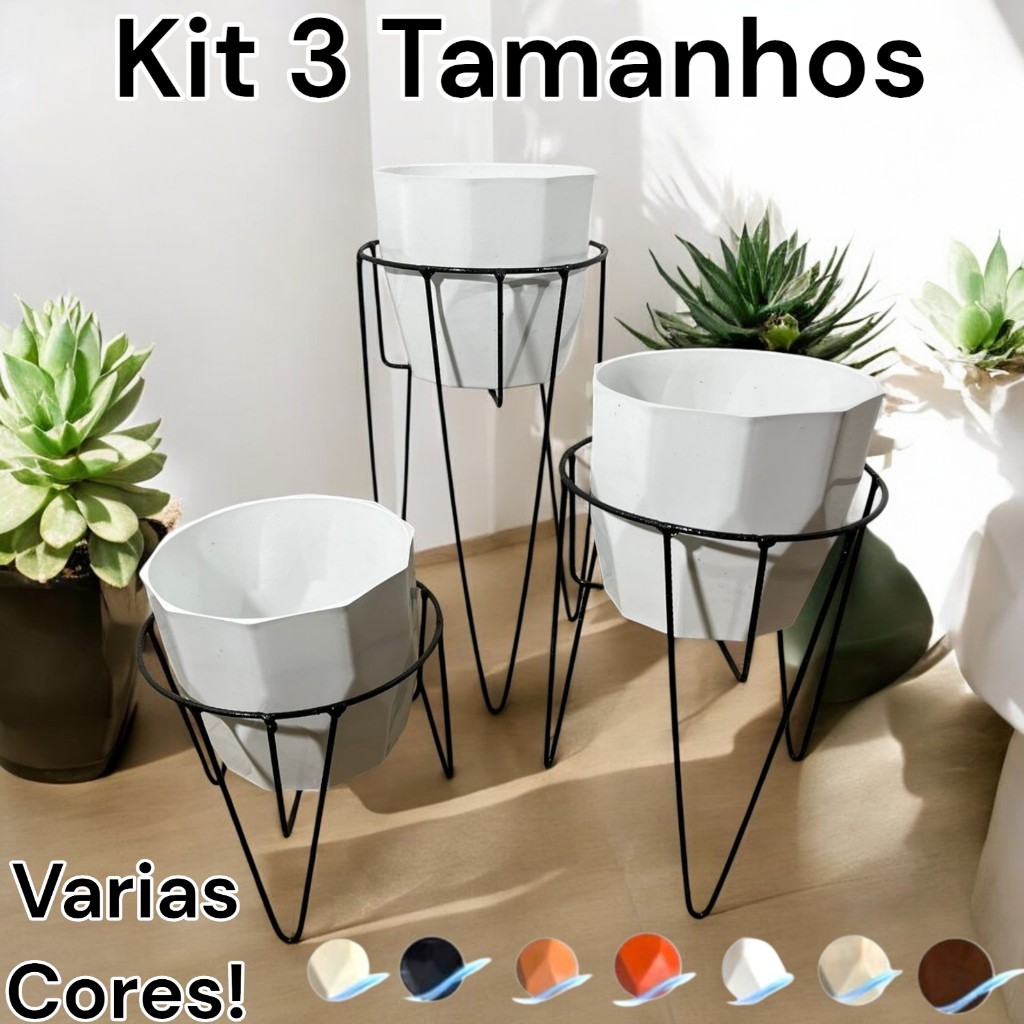 3 Tamanhos Suporte Tripé Plantas 20-30-40cm de Ferro Com Vaso Polietileno Incluso BAEART