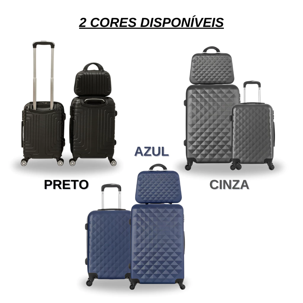 Kit 3 Malas de Viagem, Padrão ANAC, Cadeado Anti-Furtos, Rodas 360º, Material Resistente