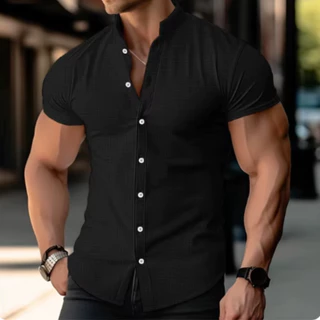 Camisa Masculina Gola Padre Social Casual Linho Algodão Manga Curta Longa Moda Luxo