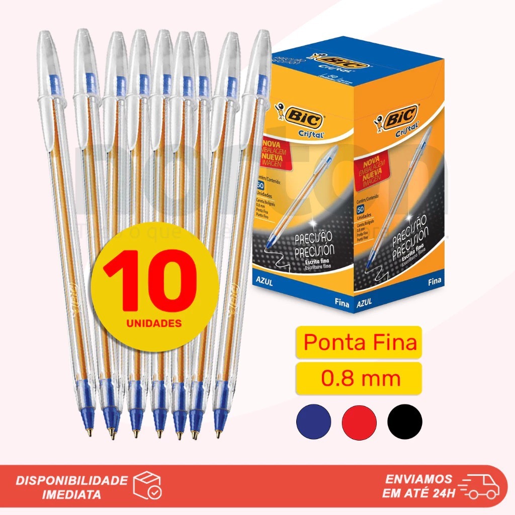 KIT Canetas Bic Cristal Esferográficas 0.8mm Ponta Fina Cores Azul, Preta e Vermelha.