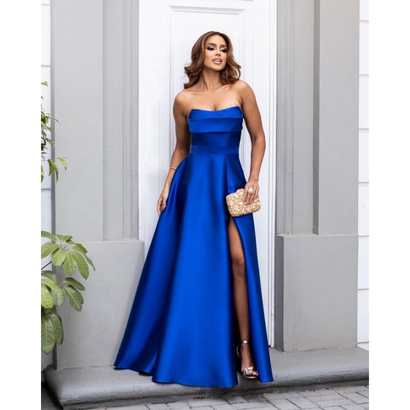 Vestido de Festa Azul Royal Tomara que caia c/Fenda em Zibeline de