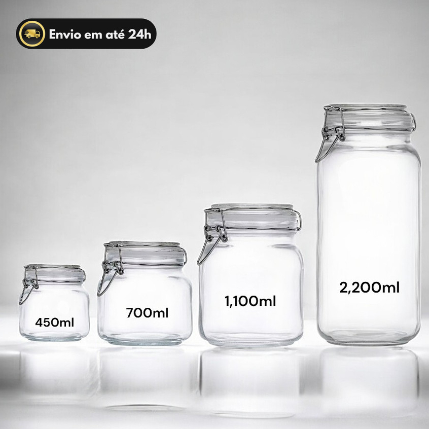 KIT 4 POTES DE VIDRO PREMIUM HERMÉTICO COM TRAVA DE METAL INOX OU TAMANHOS AVULSOS