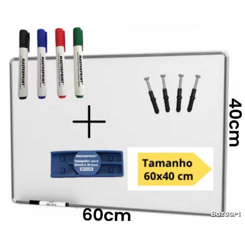 Lousa Branca Quadro Branco 60x40cm + 4 Pincel Marcadores + 1 Apagador Didática Média