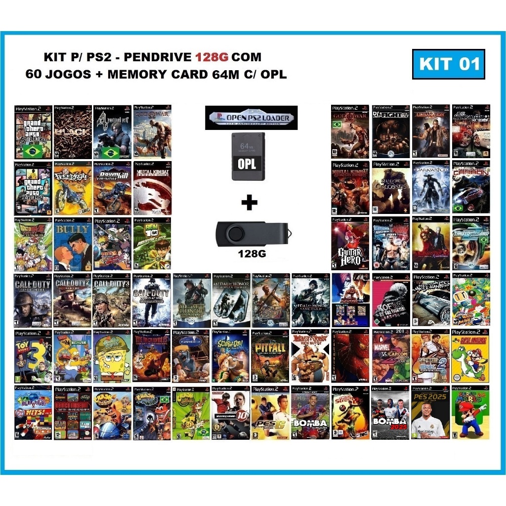 Pendrive com jogos de ps2 + Memory card 64M com OPL - Leia a descrição