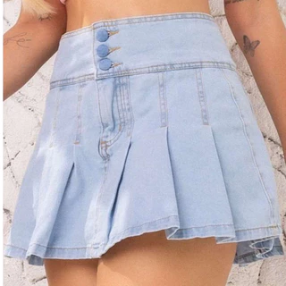 2014 - Shorts Saia Plissada Jeans Feminina