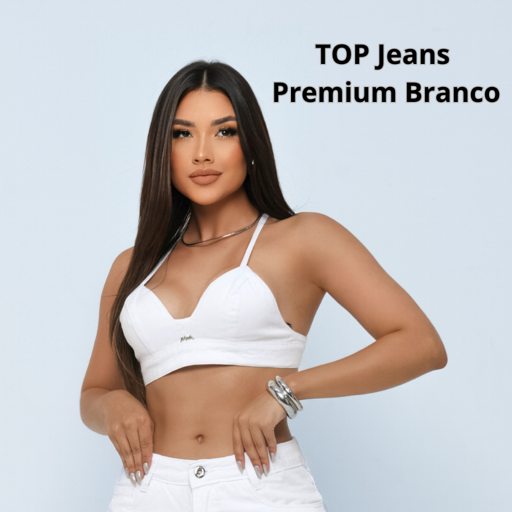 Top Cropped Branco Jeans Premium Regulável Alcinha Sem Bojo Duplo