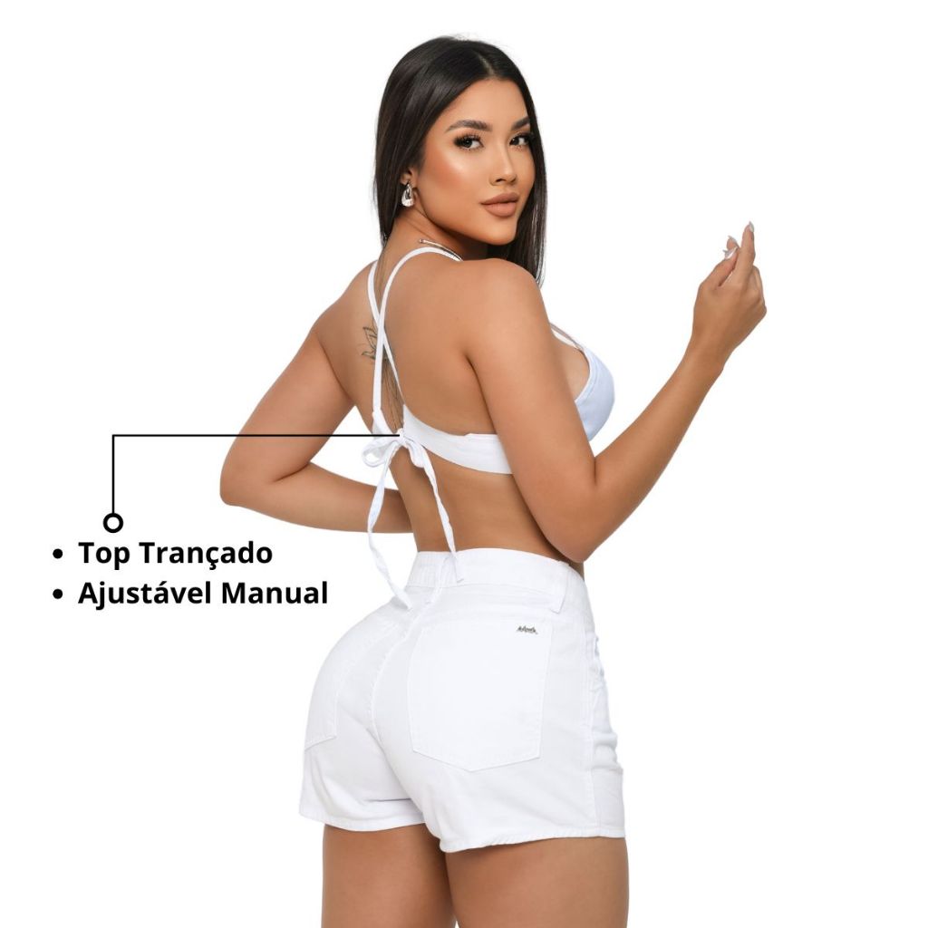Top Cropped Branco Jeans Premium Regulável Alcinha Sem Bojo Duplo